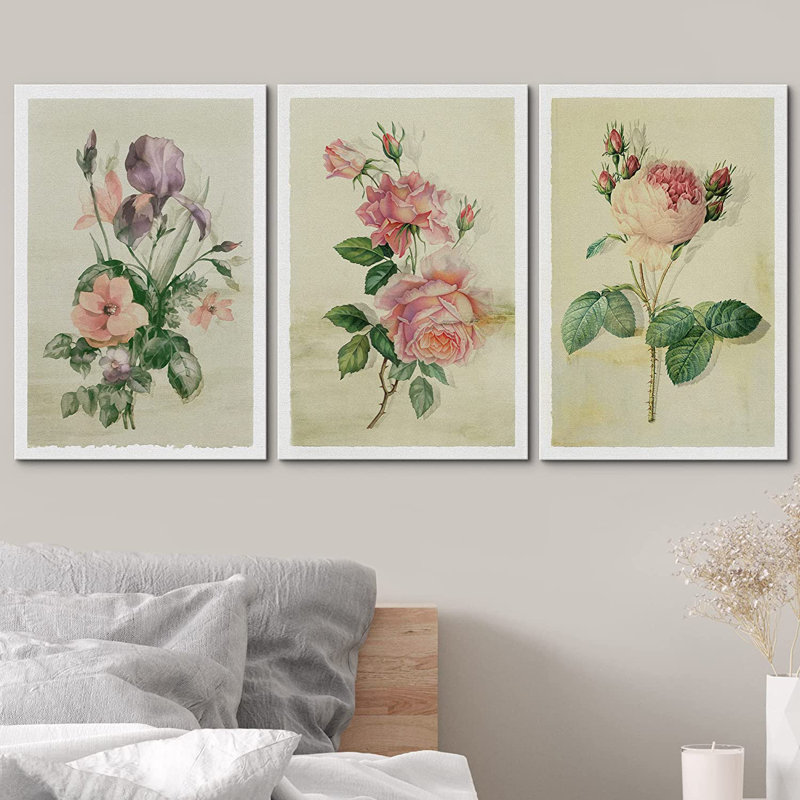 «Flower Blossom Rose Daisy», ensemble de 3 reproductions sur toile, Toile tendue, H 24 po x l 48 po x P 1,5 po
