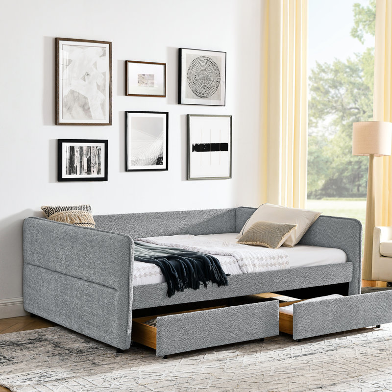 Grey Boucle Upholstered Daybed With Trundle And Two Storage Drawers, Queen Model