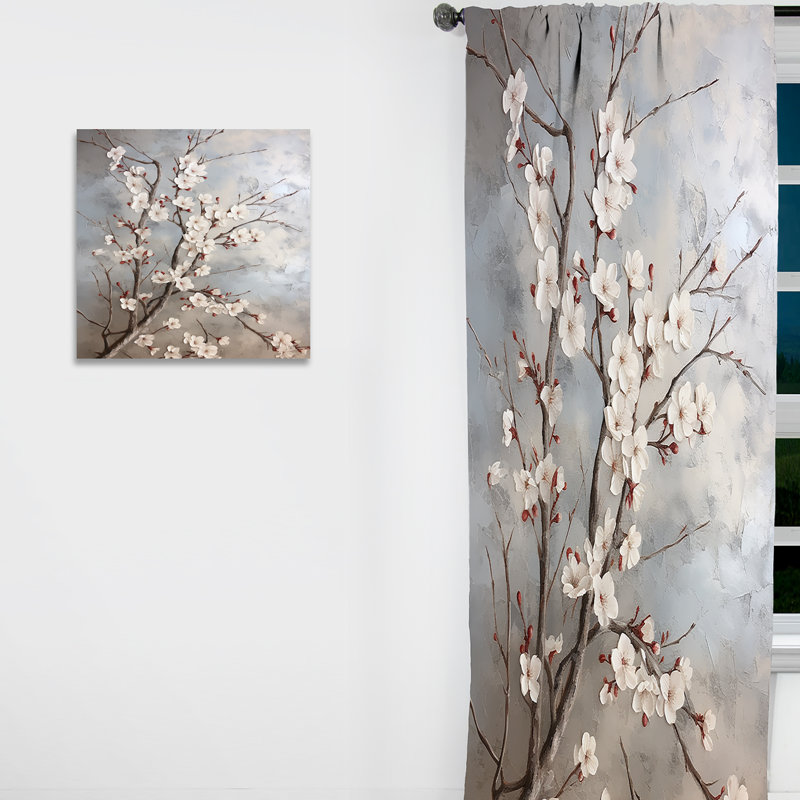 Minimalisme gris et beige Cherry Blossom I - Rideau floral occultant Cherry Blossom - 1 panneau, L 52 po x L 108 po