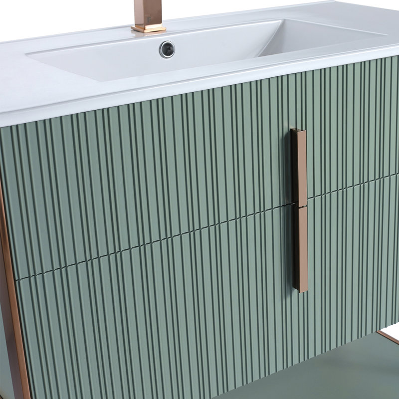  Serenity Modern Bathroom Vanity with White Ceramic Top, Rose Gold/Mint