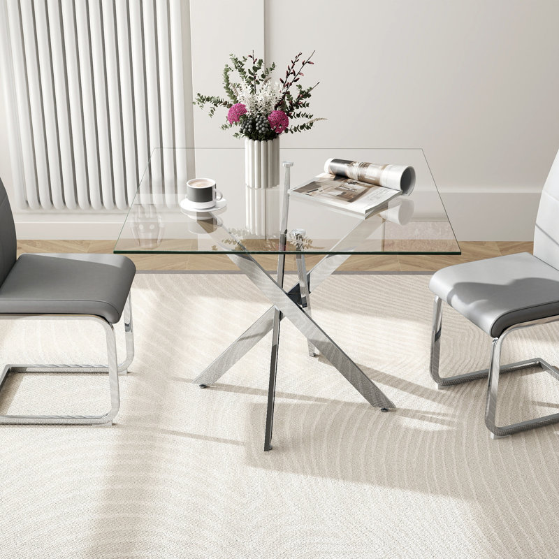 Table de salle à manger carrée en verre trempé 36 pouces, coins arrondis pour 2 à 4 petites tables de cuisine peu encombrantes avec pieds en métal robustes pour la salle à manger, appartement