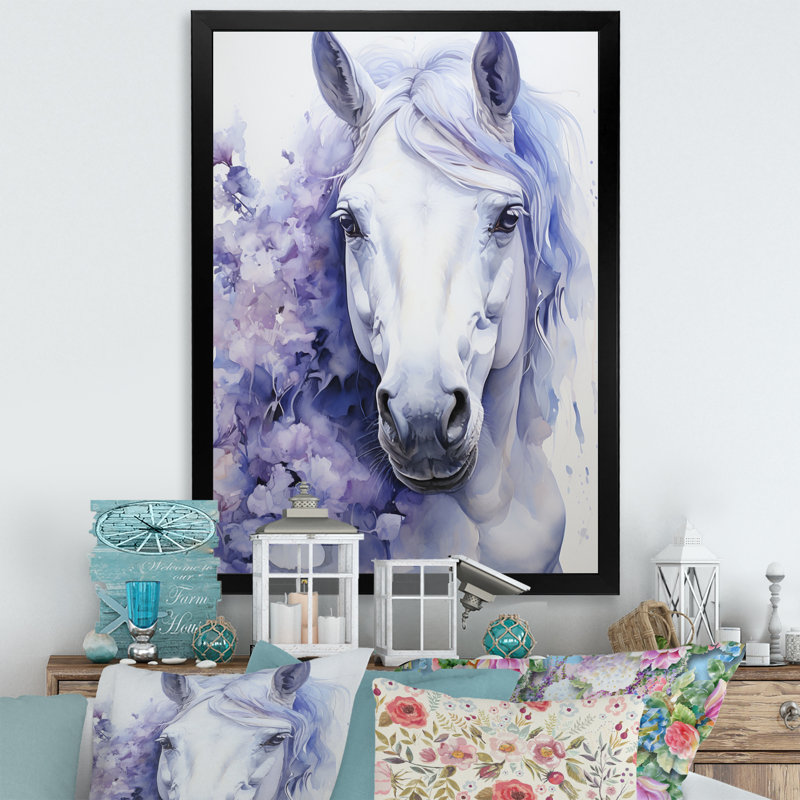 «Purple White Horse Contours Pointillism», reproduction sur toile, Cadre photo noir, H 20 po x l 12 po x P 1 po