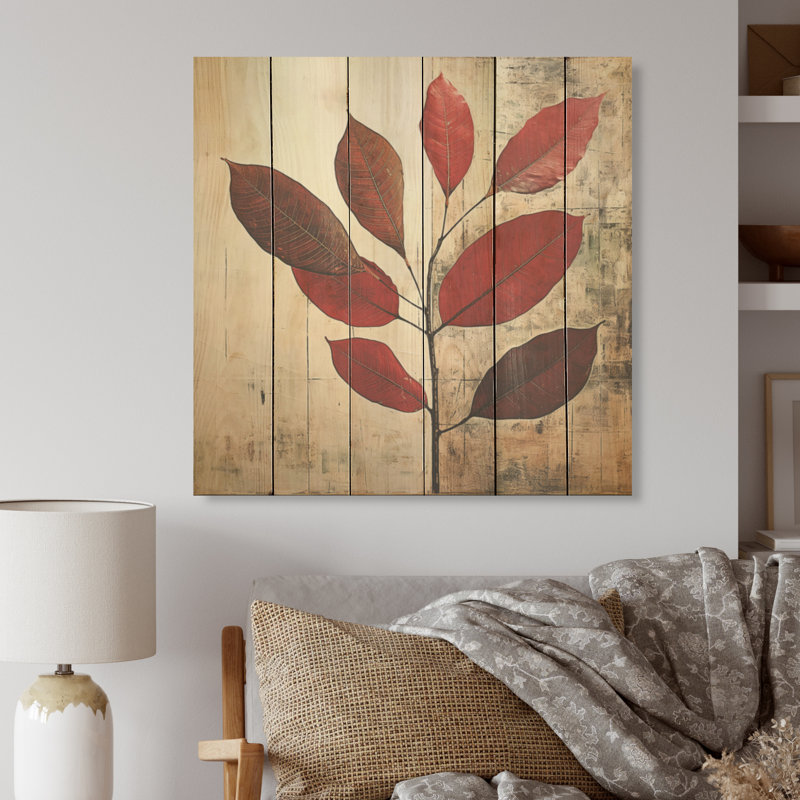 Bordeaux, feuille audacieuse - feuilles, art mural sur bois de pin naturel, H 25 po x l 25 po