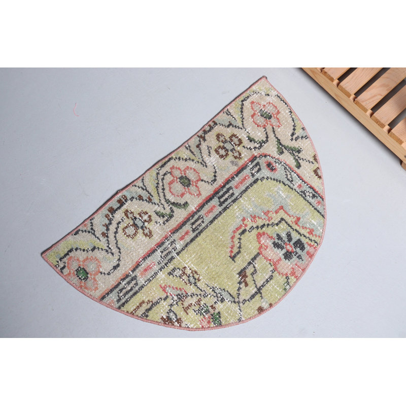 Antique Round Turkish Rug - Small Green Bohemian Door Mat Carpet Ideal for Vintage Decor
