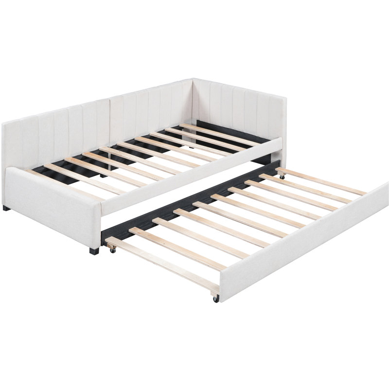 Lit de jour rembourré en tissu de lin beige avec lit gigogne simple, aucun sommier requis