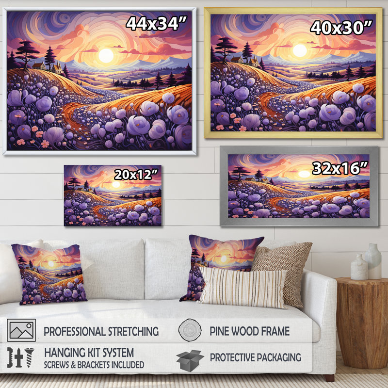 «Countryside The Violet Field III», reproduction sur toile, Cadre flottant doré, H 16 po x l 32 po x P 1 po