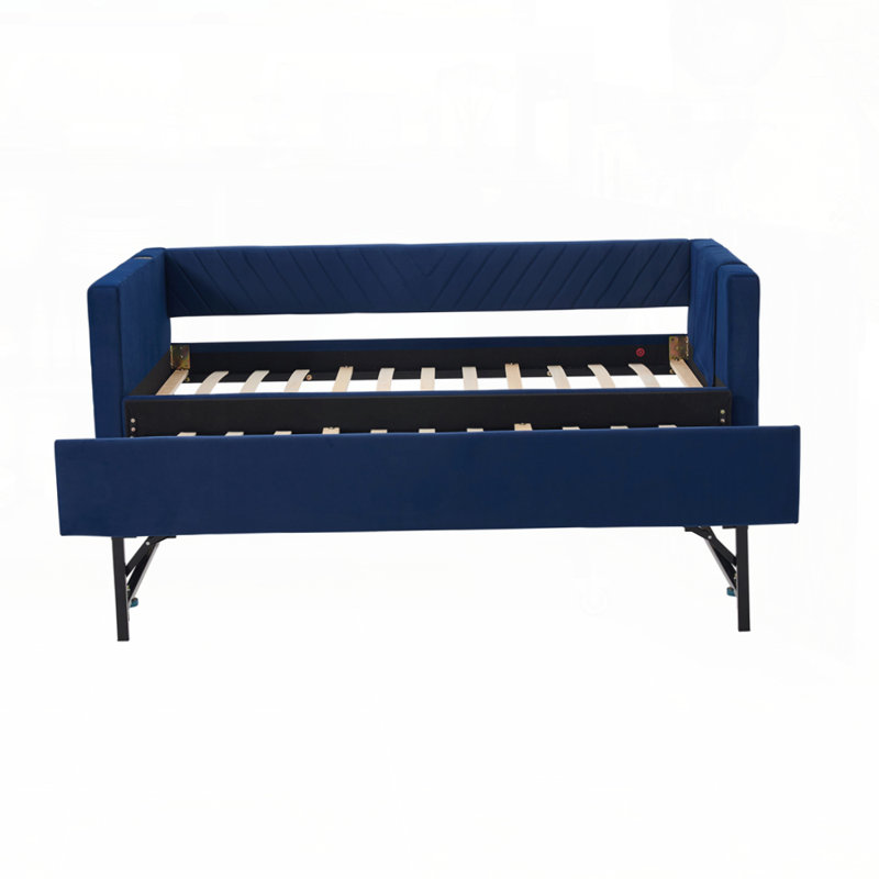 Modern V-Grained Bed with Trundle, USB Port, and Side Pockets for Convenience and Space Efficiency, Navy