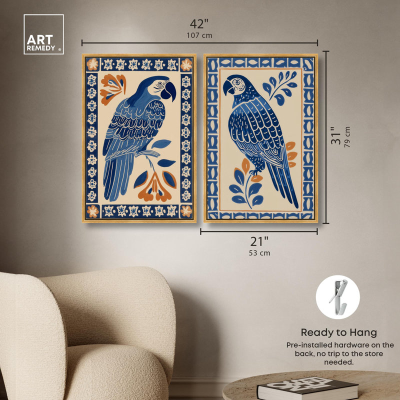 "Azulejo Parrots", reproduction d'art sur toile par Art Remedy, cadre doré, 20 x 30, 31" H x 21" W, Gold Frame