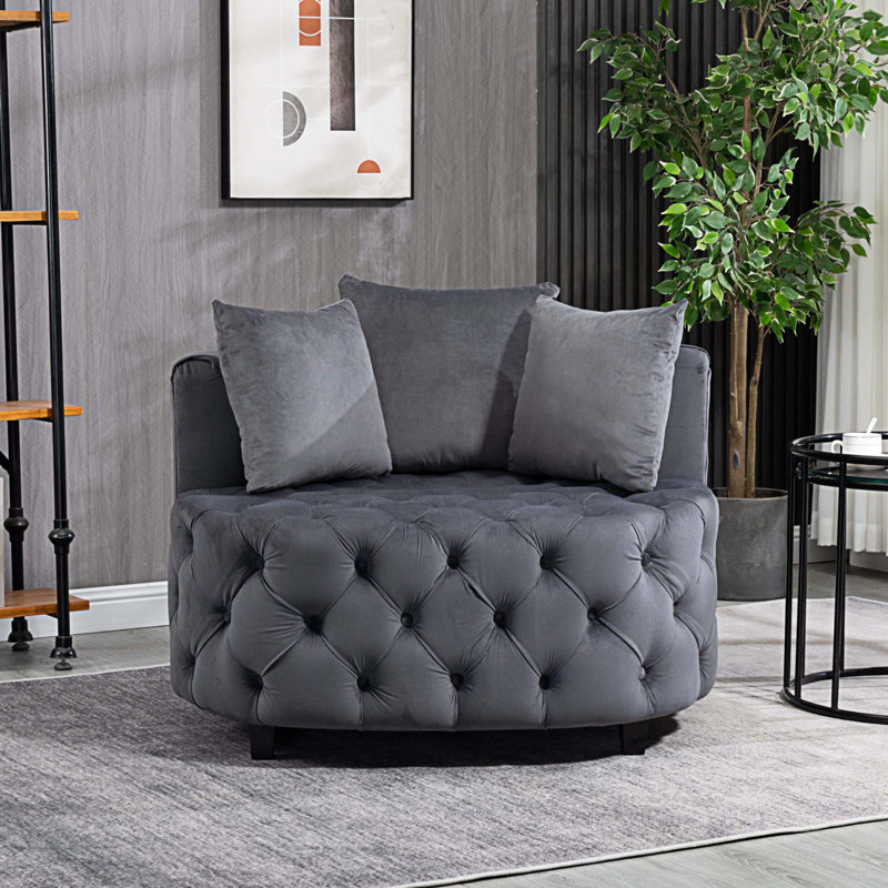 Fauteuil demi-tonneau en velours capitonné de 36,6 po de largeur Vernia, Velours gris