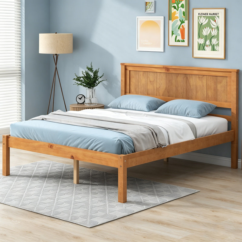 Structure de lit plateforme en chêne rustique avec tête de lit, support à lattes de bois, aucun sommier requis, taille double