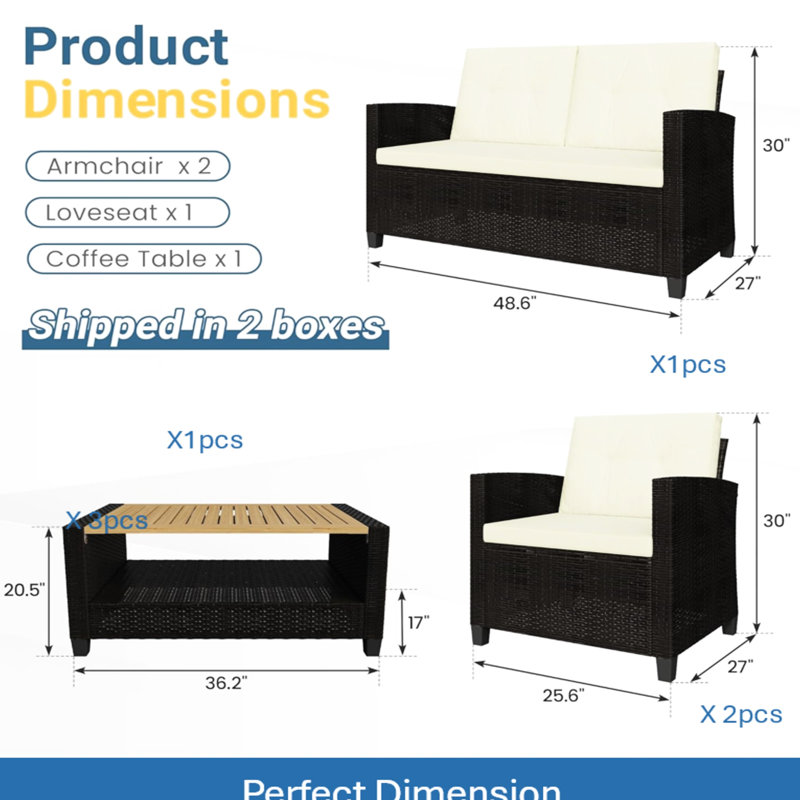 Ensemble de conversation extérieure 4 pièces avec coussins beiges et table en bois pour chanter de grandes cours