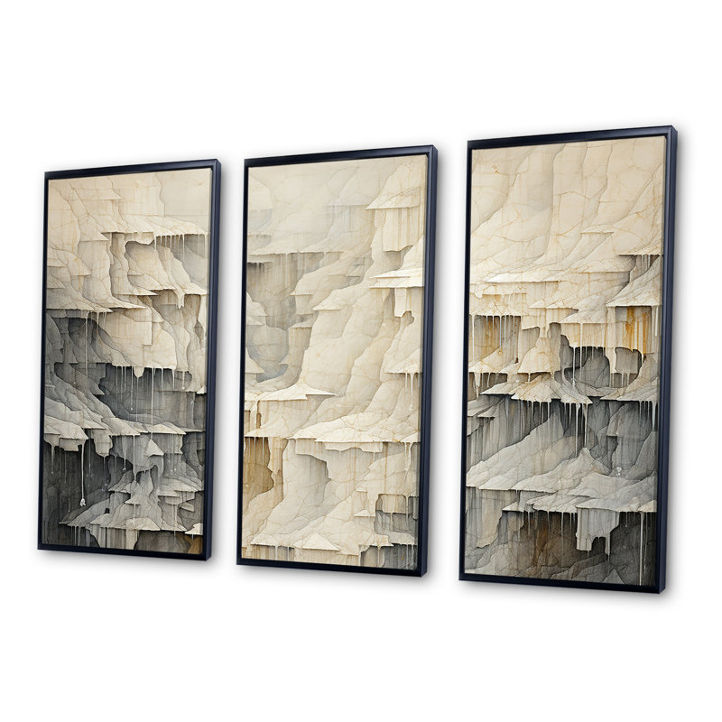 Beige et gris, simple cascade de falaise, Cadre flottant noir, H 40 po x l 60 po x P 1 po