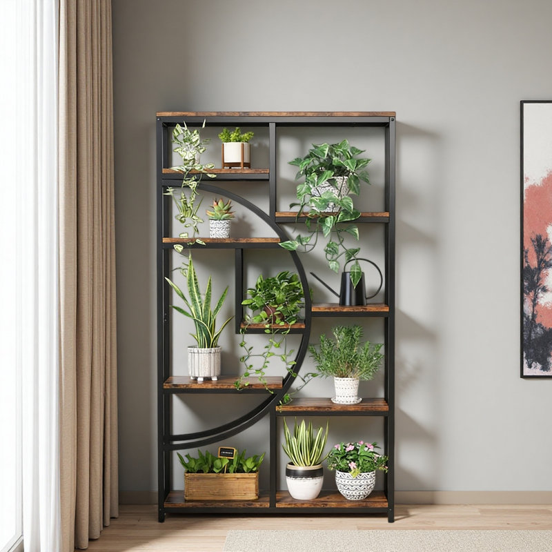 Geometric Design Display Shelf,Spacious Bookcase,Freestanding Bookshelf, Rustic Brown