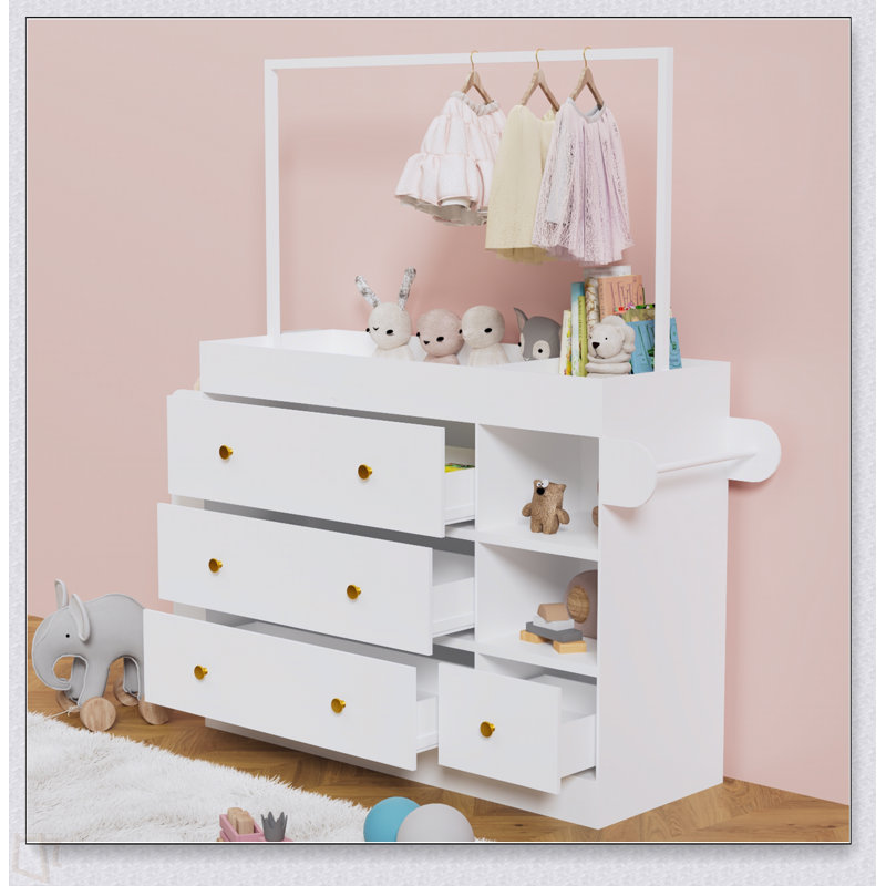 Commode de table moderne, table à langer avec 3 tiroirs très profonds, tablettes de rangement et cintres, table à langer multifonctionnelle avec séchoir pour chambre de bébé