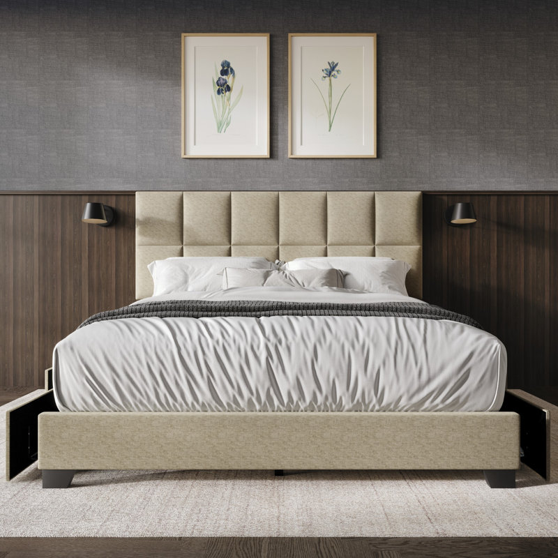 Lit plateforme tapissier avec rangement Lawi, Grand, Beige foncé