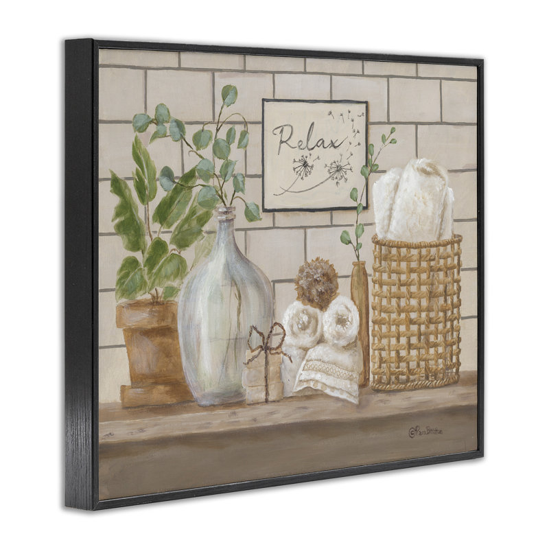 «Uplifting Bathroom Spa Relax Scene», estampe numérique encadrée par Pam Britton, Giclée encadrée noir minuit