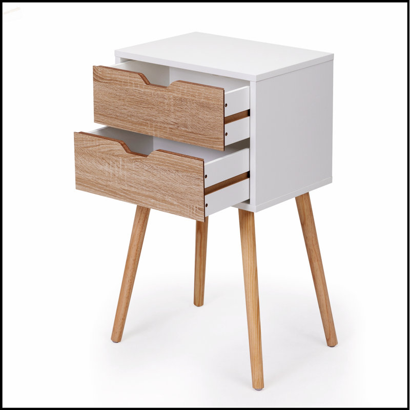 Élégante table de chevet avec 2 tiroirs, des pieds en bois massif et un grand espace de rangement pour les chambres et les salons modernes