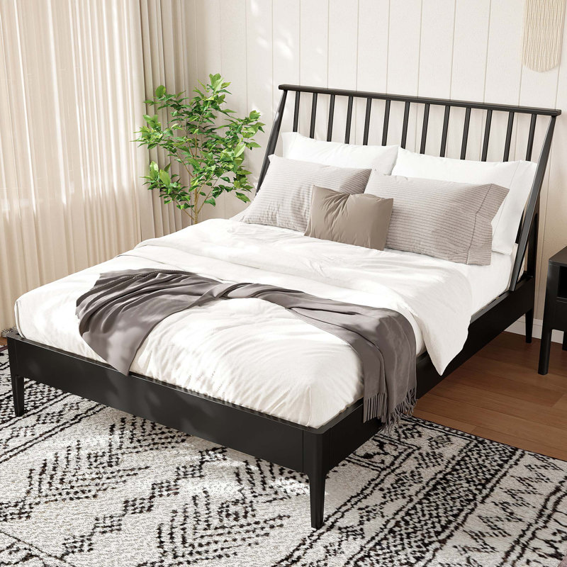 Spindle Platform Queen Bed With 46.5" Tall Headboard, Bohemian Bed Frame With Wooden Slats And Metal Support, Mid-Century Modern Style,No Box Spring Needed