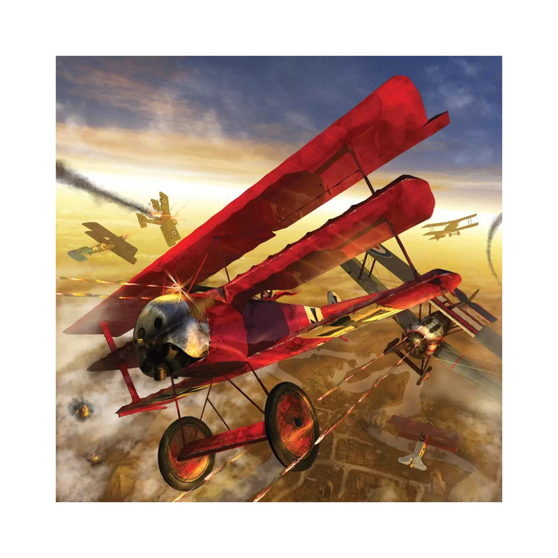 German Triple Wing Biplane The Red Baron, WWI Western Front Air Assault by Kurt Miller - Wrapped Canvas Print