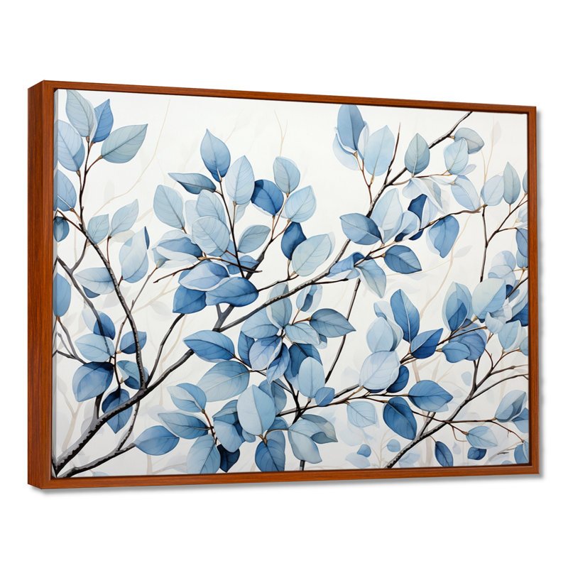 «Blue and Gray Leaves», art mural encadré feuilles, 16" H x 32" W, Cadre flottant brun