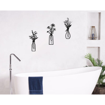 3 Pieces Metal Flowers Wall Arts - Rustic Farmhouse Decor Black Minimalist Flower Wall Decors For Living Room Bathroom Bedroom Dining Room - Housewarming Gifts(Black, Vase-C)