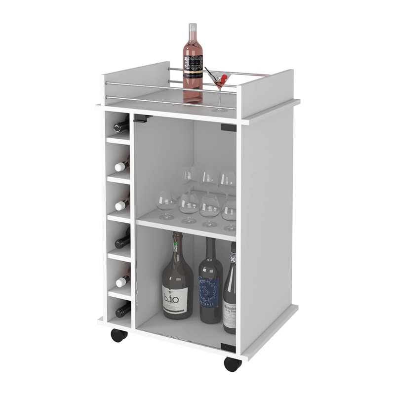 Bar Cart, Two Tier Cabinet With Glass Door, Six Cubbies For Liquor, White