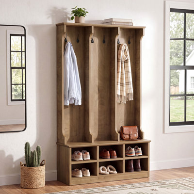 Hall Tree with Bench and Shoe Storage, Farmhouse Entryway Coat Rack with 6 Hooks