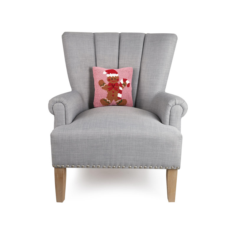 Gingerbread Man with Candycane Pink Wool Hook Pillow