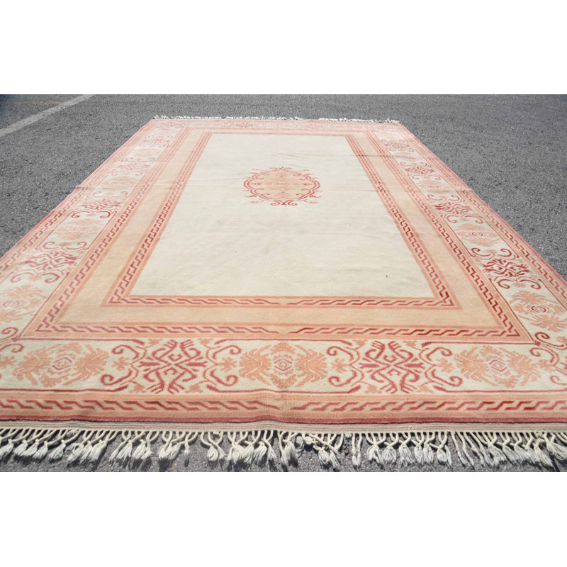 Tapis Boho, tapis turc, tapis rétro, tapis géométrique beige, tapis Oushak, grands tapis de 6,9 x 9,6 pi