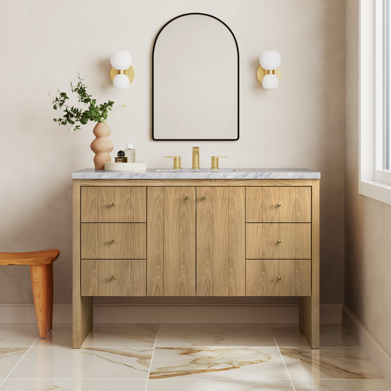 Hudson 48'' Single Bathroom Vanity, Carrara White, 8" Widespread, Light Natural Oak