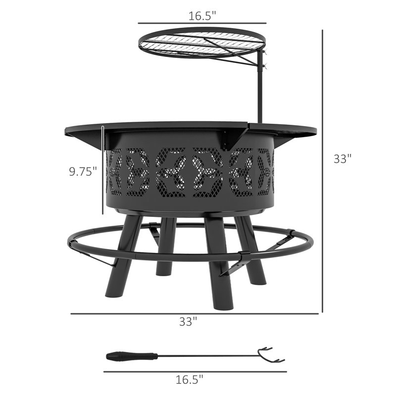 33" Portable Fire Pit, 21 Bbq With Adjustable , Pan, , For Backyard, Patio, Camping Bonfire, Black Pit Grill, Cooking