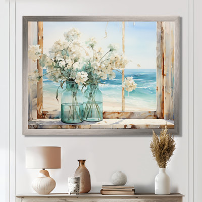 Blue Window Beachfront View Blooms I - Coastal Windows Wall Art