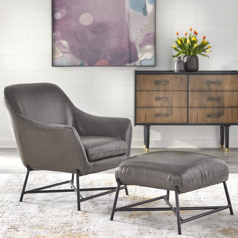 Minford Faux Leather Accent Chair with Ottoman, Gray Faux Leather