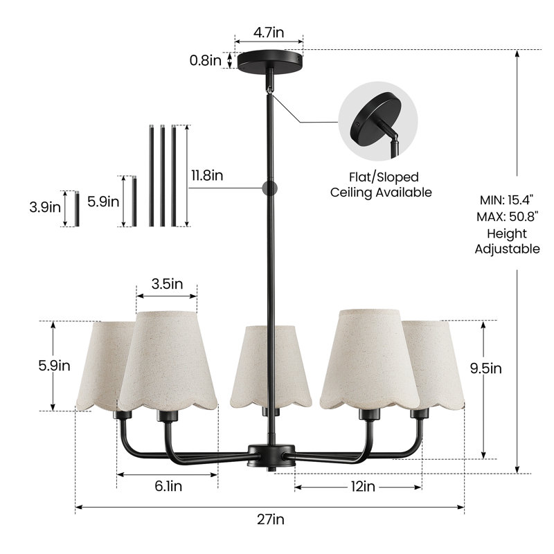 5-Light Modern Dimmable Chandelier With Fabric Shades, Matte Black