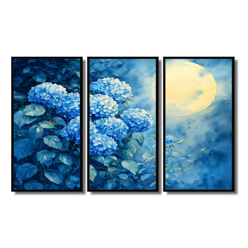 Hortensias sous le clair de lune II - décoration murale hydrangées - 3 pièces, H 28 po x l 36 po, Noir