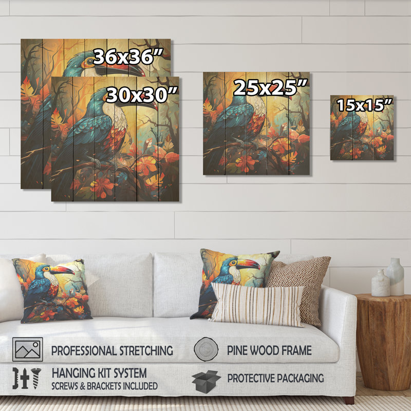 Toucans tropicaux bleus et jaunes II - animal toucan sur bois, H 36 po x l 36 po