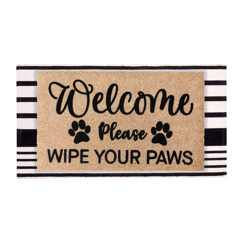 Ensemble de tapis 100% fibre de coco rayé noir et blanc - Welcome Paws Design noir, 24 po x 36 po et 24 po x 51 po, support en PVC antidérapant robuste