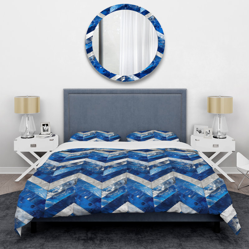 Ensemble de housse de couette moderne à motif de chevrons bleu et argenté Dreams I