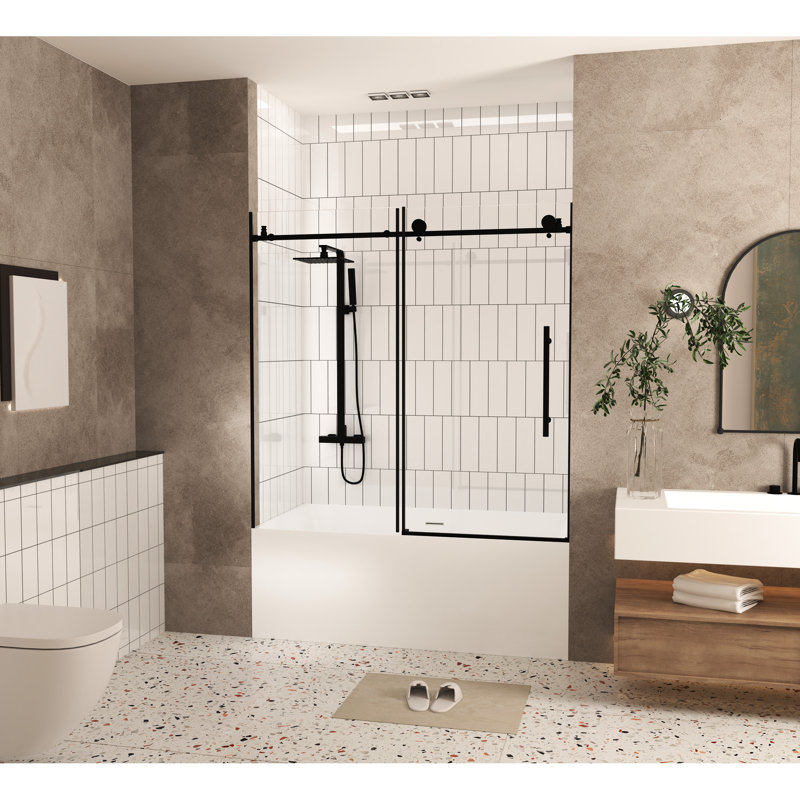 Shower Door With 1/4" (6 Mm) Clear Tempered Glass, Proof Film, Matte Black Stainless Steel Handle, 56 - 60" W X H, Quiet And Efficient Operation For Bathroom Smooth Silent Movement