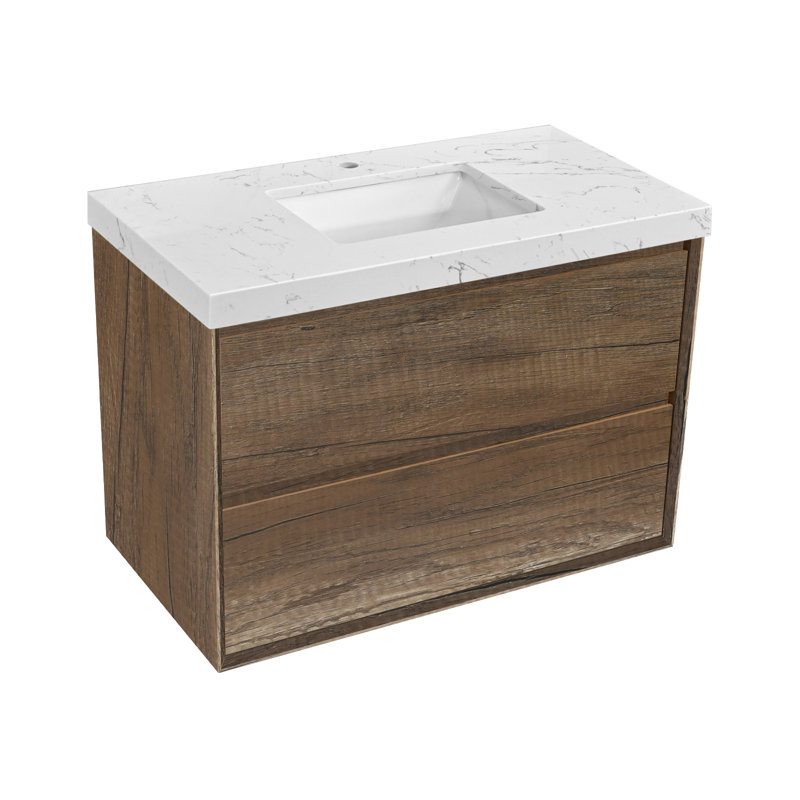 Wall-mounted Bath Vanity With Engineered Marble Top, Antique Oak, 36"