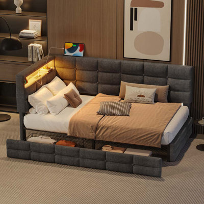 Storage 2 Drawers and Charging Station Upholstered aybed with LED Lights