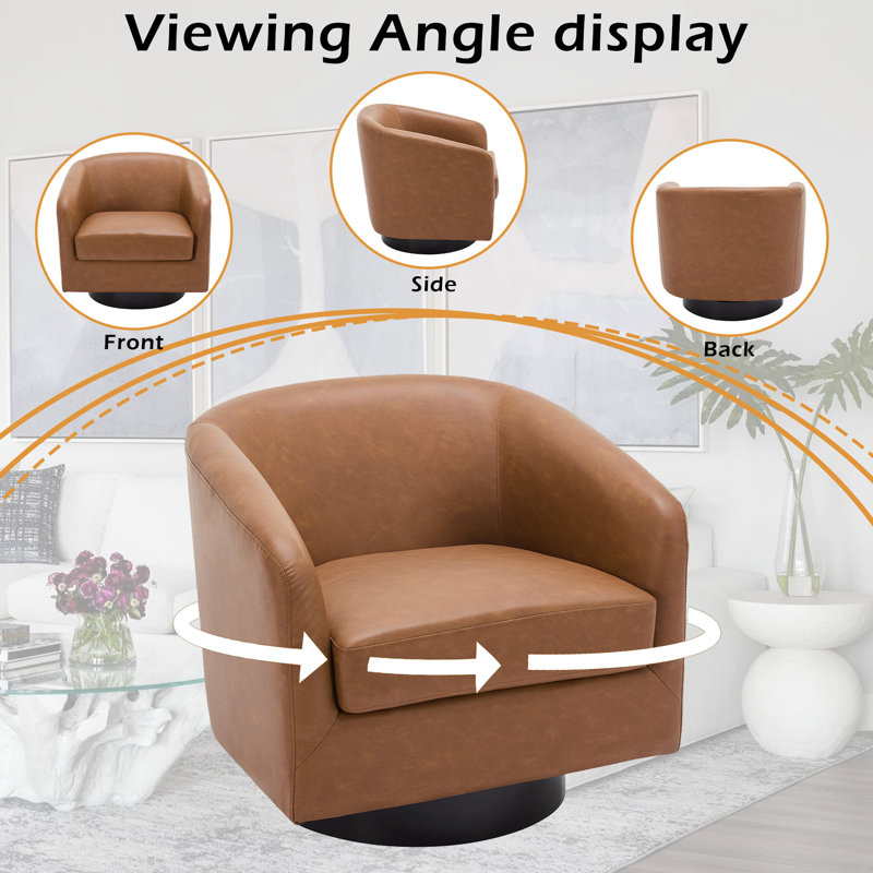 72Cm Wide Swivel Barrel Chair, Brown Faux Leather/Black
