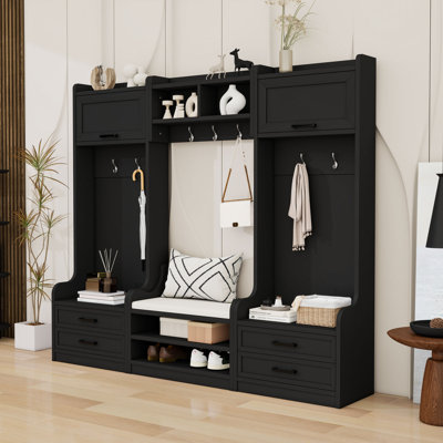 Wood Hall Tree with Shoe Bench, 7 Hooks, 4 Drawers and 2 Cabinets