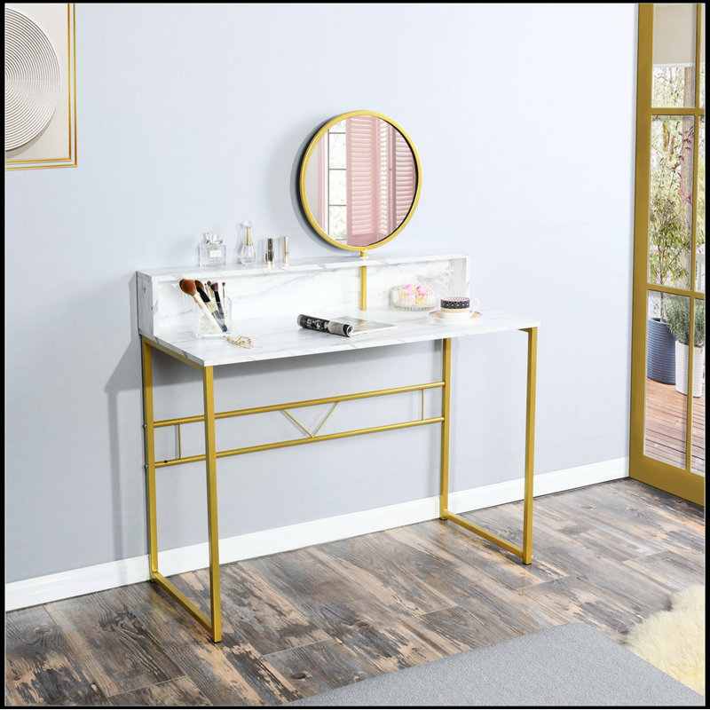 Petit bureau blanc de 41,3 pouces avec espaces de rangement ouverts, coiffeuse moderne