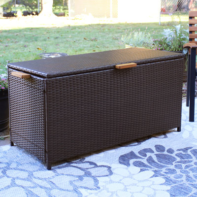 Brazilian Indoor/Outdoor Resin Rattan Deck Box With Acacia Handles - Brown