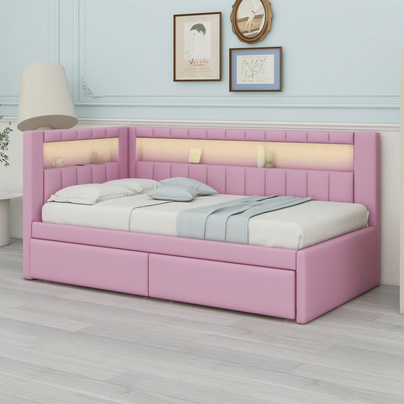 Lit plateforme tapissier avec ports USB, ceinture DEL et 2 tiroirs, Rose