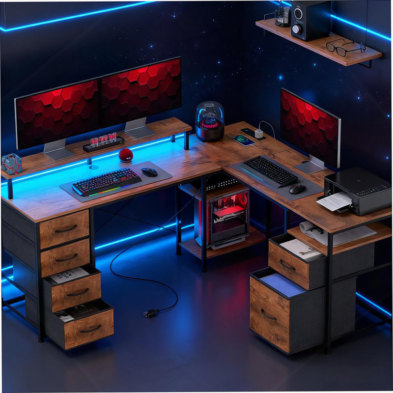 Bureau d'ordinateur, bureau en L, bureau d'angle avec tiroir, prises de courant et lumières DEL, Brun rustique