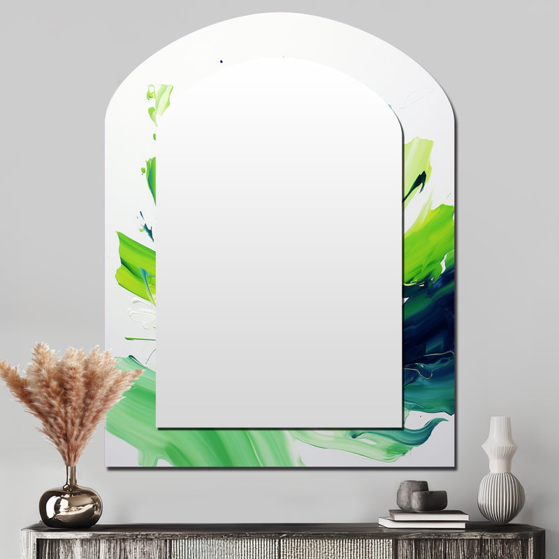 «White and Green Abstract encre expression II», peinture abstraite, miroir mural unique, 43 po x 33 po