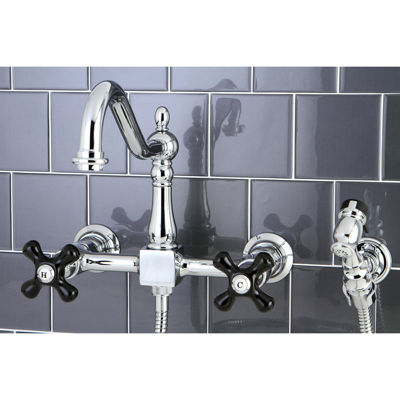 Kingston Brass Duchess Double-Handle 3-Hole Wall-Mount Bridge Kitchen Faucet with Brass Sprayer, Chrome