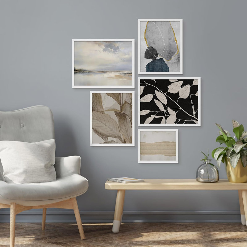 " Grunge Pastel Paint Stroke Landscape " 5 - Pieces, White Framed
